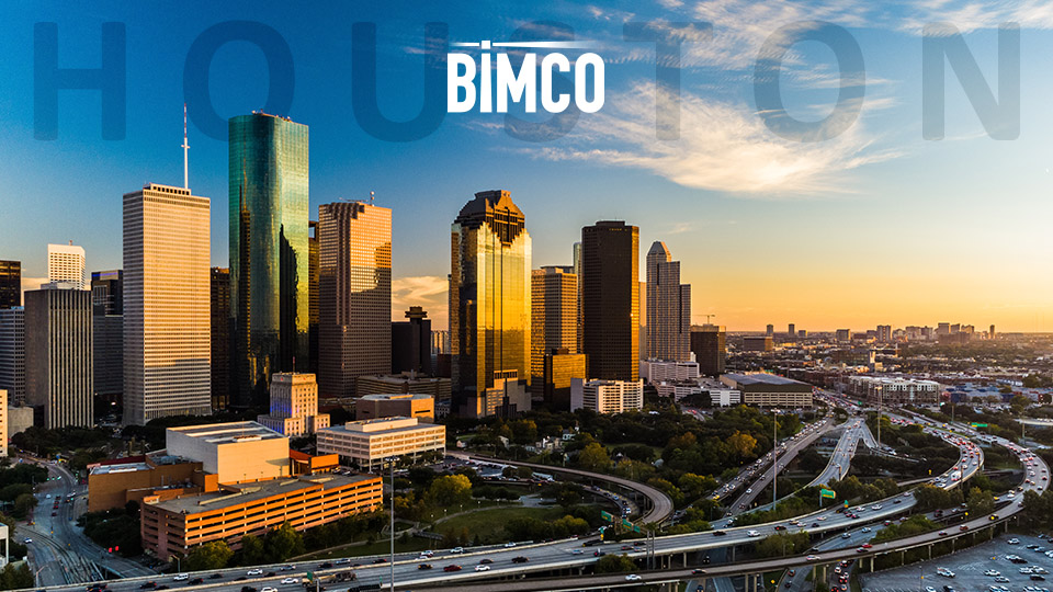 "BIMCO Houston" superimposed over an image of the Houston skyline and sunset/sunrise