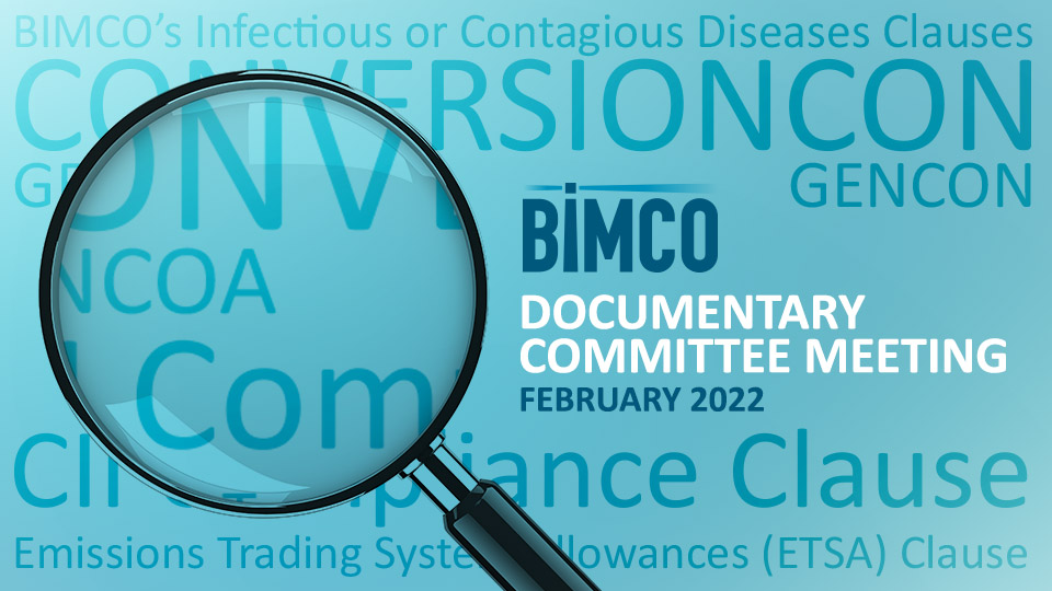 Magnifying glass superimposed over a collage of text with the title BIMCO Documentary Committee Meeting February 2022