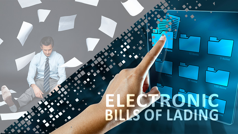 Man overwhelmed by flying paper (administrative burden) on left and finger pointing at screen with paper icons in neat folders and the words e-bills of lading superimposed