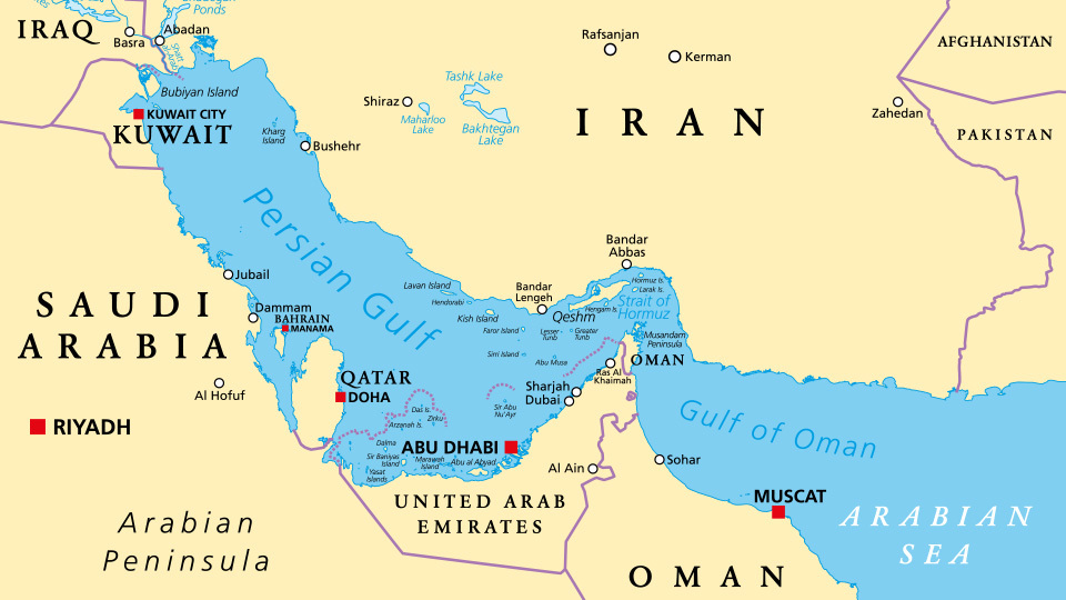 Persian Gulf, Strait of Hormuz, and Sea of Oman map