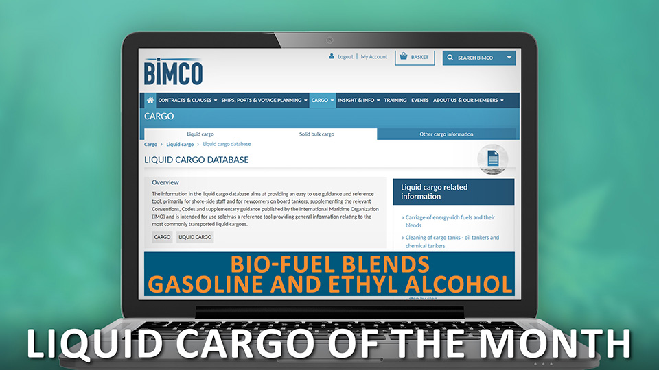 BIMCO website's liquid cargo of the month, bio-fuel blends gasoline and ethyl alcohol on a laptop superimposed over a green background