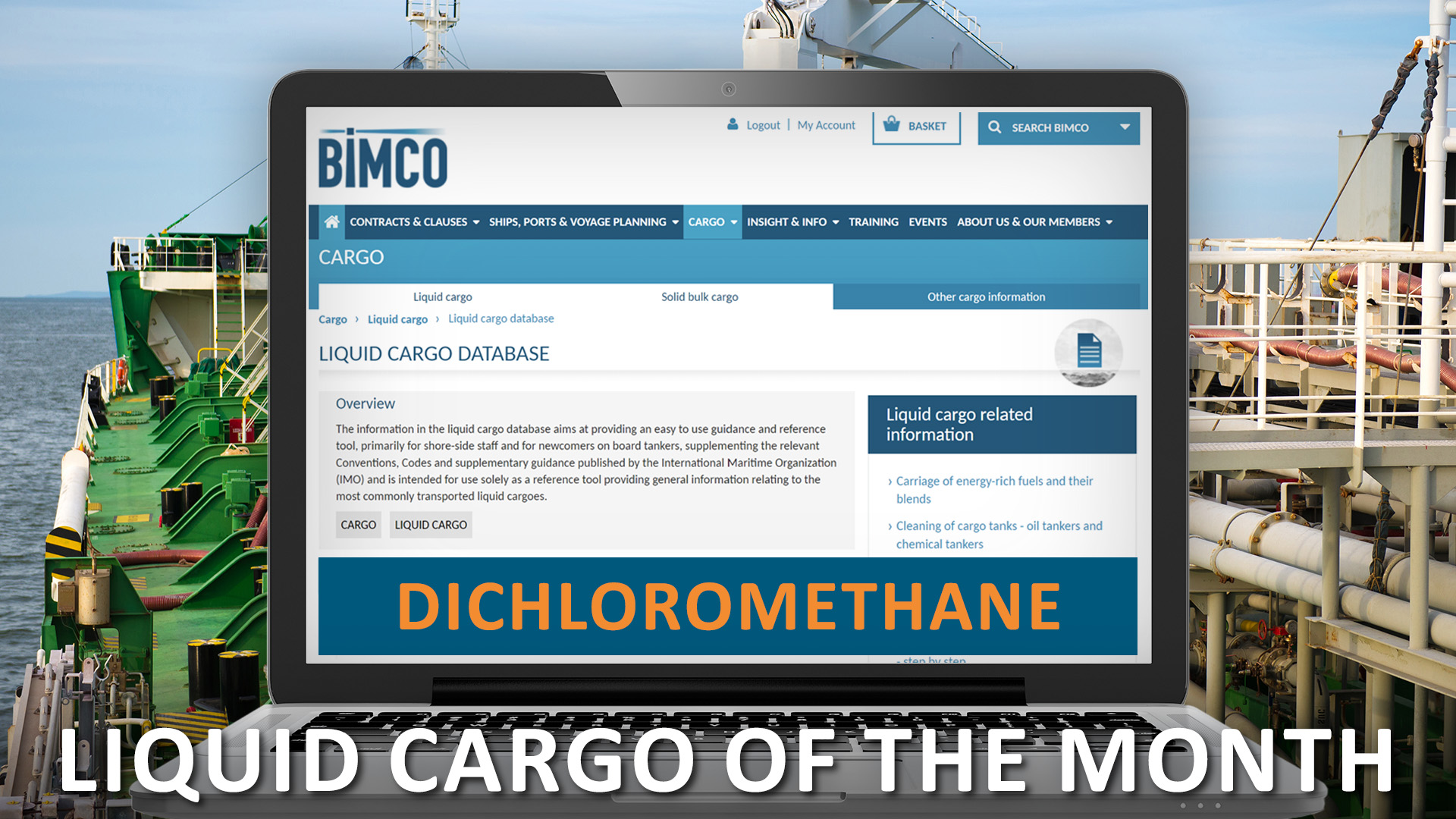 BIMCO website's liquid cargo of the month, dichloromethane on a laptop superimposed over chemical tanker ship