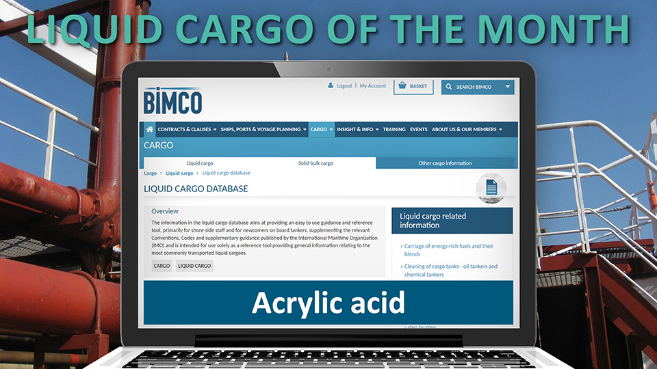 BIMCO Liquid Cargo Database website and the text "Acrylic acid" on laptop superimposed over photo of chemical tanker deck