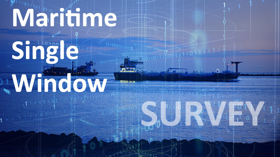Maritime single window survey text superimposed over ships at night and a digitalisation overlay