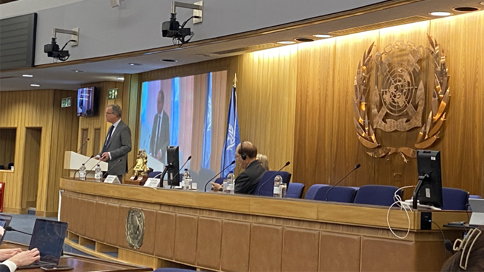 BIMCO’s President Designate, Nikolaus Schües, giving welcome address at the Maritime Single Window symposium at the IMO