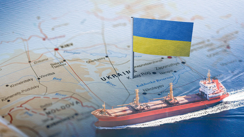 Image of dry bulk ship with map and flag of Ukraine superimposed