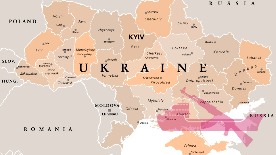 Ship and gun silhouettes superimposed over map of Ukraine