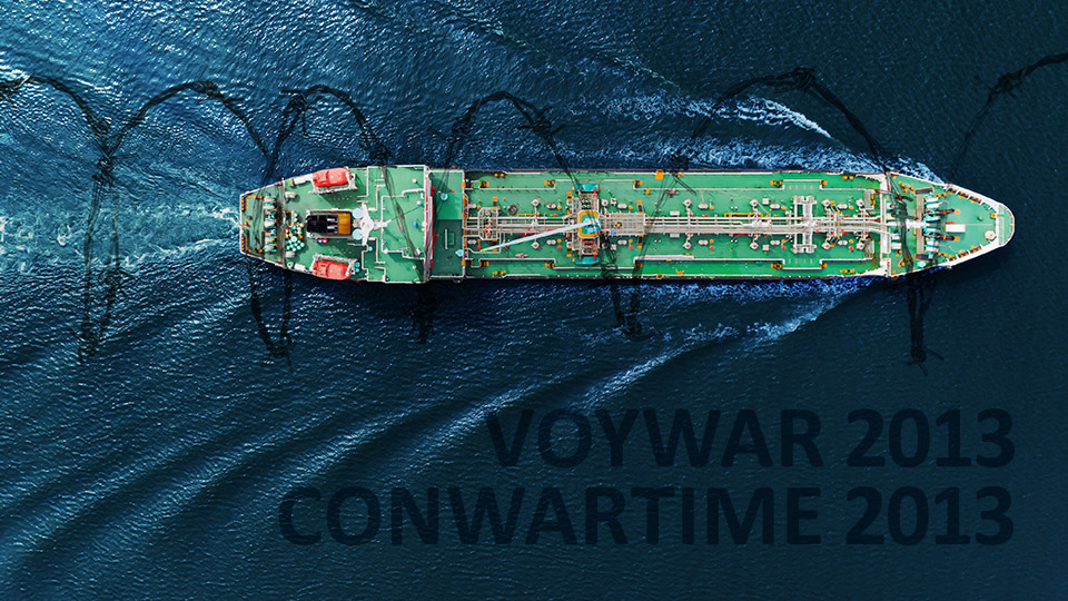 Aerial view of natural gas tanker at sea with barbed wire & the words VOYWAR 2013 and CONWARTIME 2013 superimposed