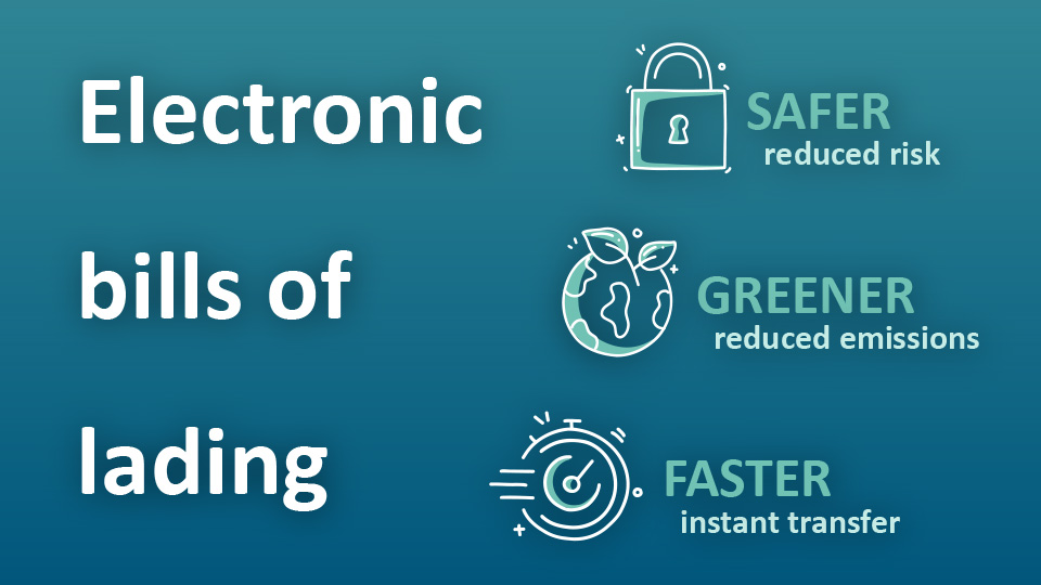 The text Electronic bills of lading" over a blue background with 3 icons - lock = safer, planet = greener, stopwatch = faster