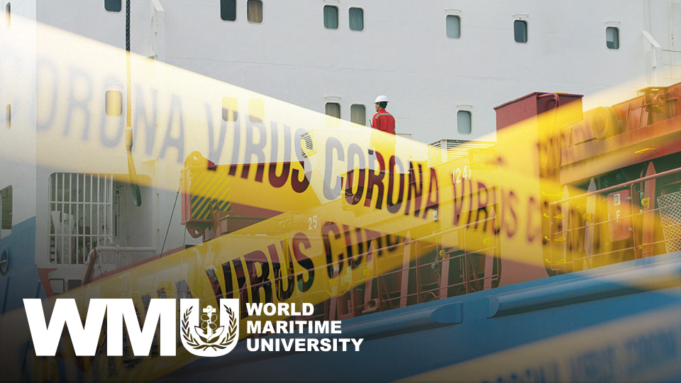 World Maritime University logo superimposed over image of a worker on a ship with Corona virus safety tape 