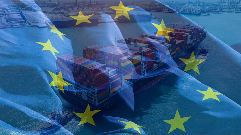 EU Flag superimposed on a container ship sailing at sea