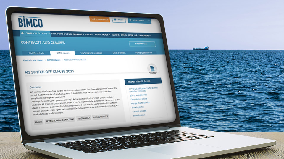 BIMCO website on laptop screen with ocean background