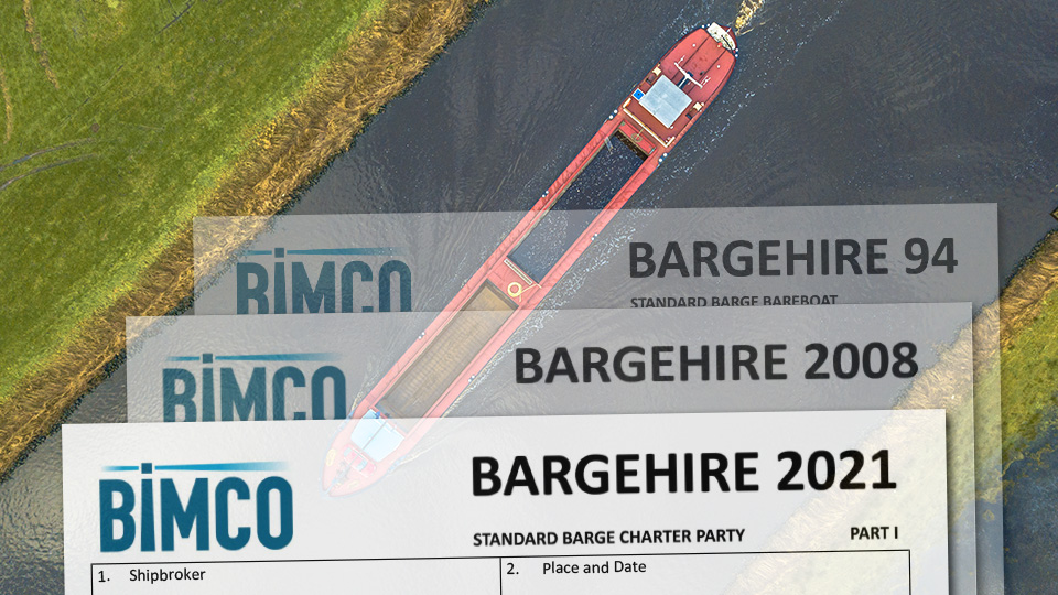 3 contracts - BARGEHIRE 94, 2008 & 2021 - superimposed over an image of a barge on a river.