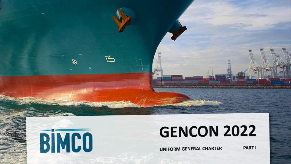 GENCON 2022 contract superimposed over image of a cargo ship near port