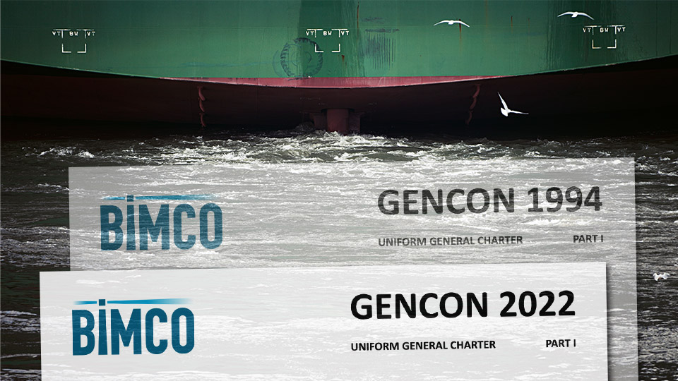 GENCON 2022 and 94 contracts superimposed over image of backend of a cargo ship