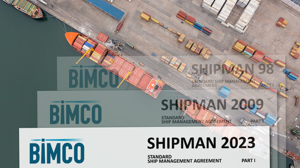 BIMCO SHIPMAN 2023, 2009 & 98 contracts superimposed over an aerial view of ships in port.