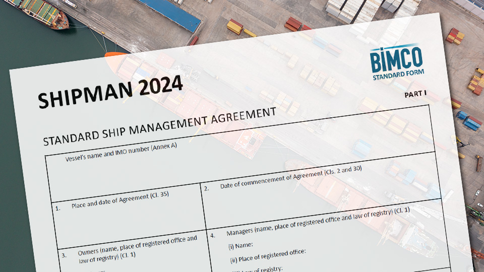 SHIPMAN 2024 contract superimposed over an aerial view image of ships at port
