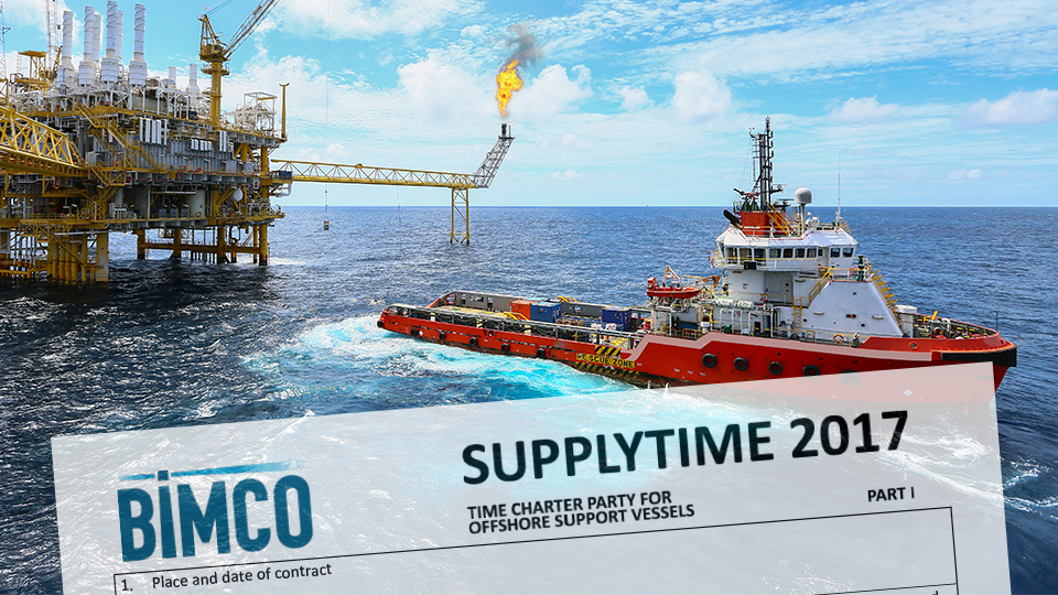 BIMCO SUPPLYTIME 2017 contract superimposed over an image of a supply vessel
