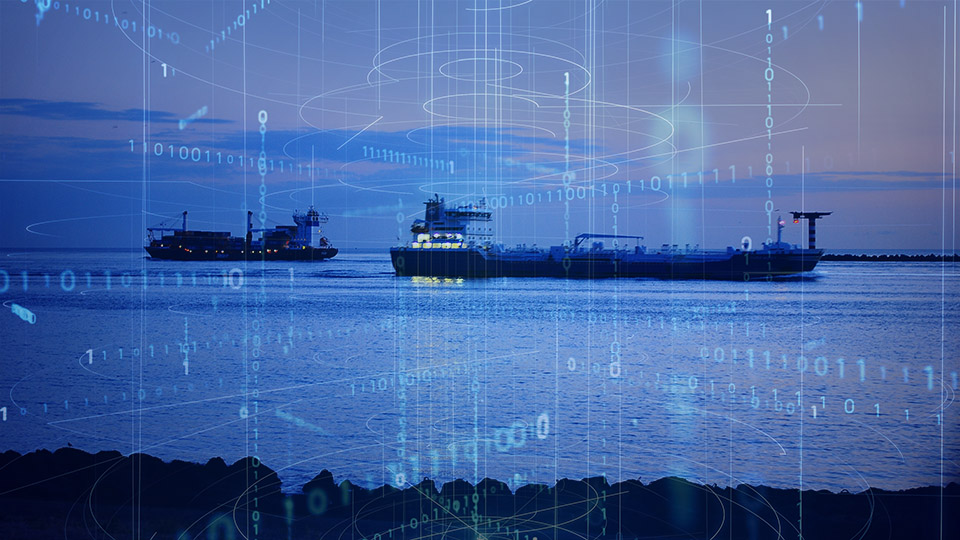 Digitalisation ones and zeros superimposed over two ships waiting offshore