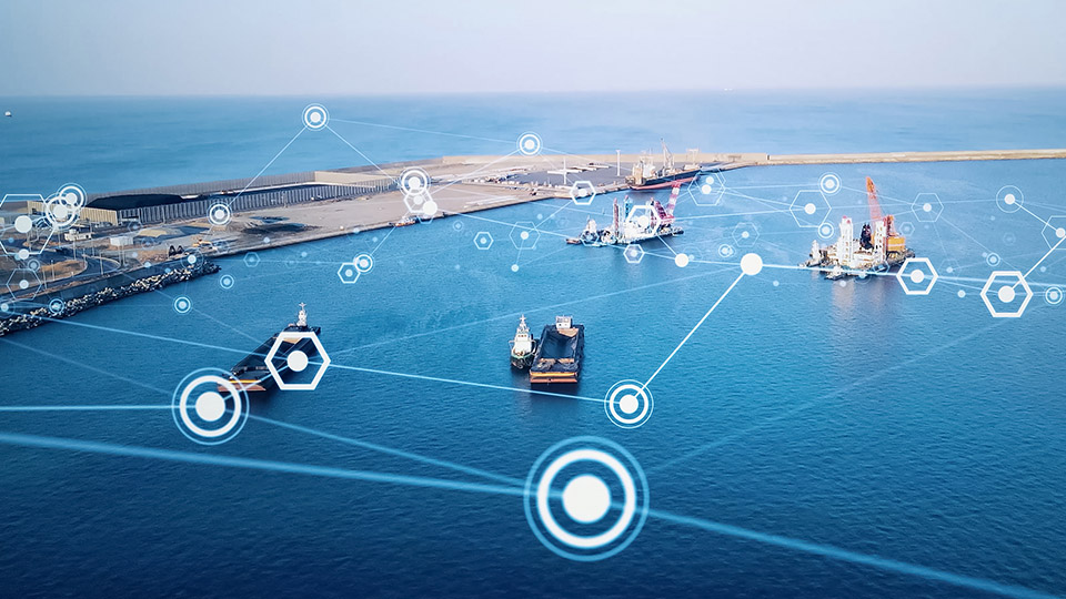 Ships in port with wireless communication overlay concept