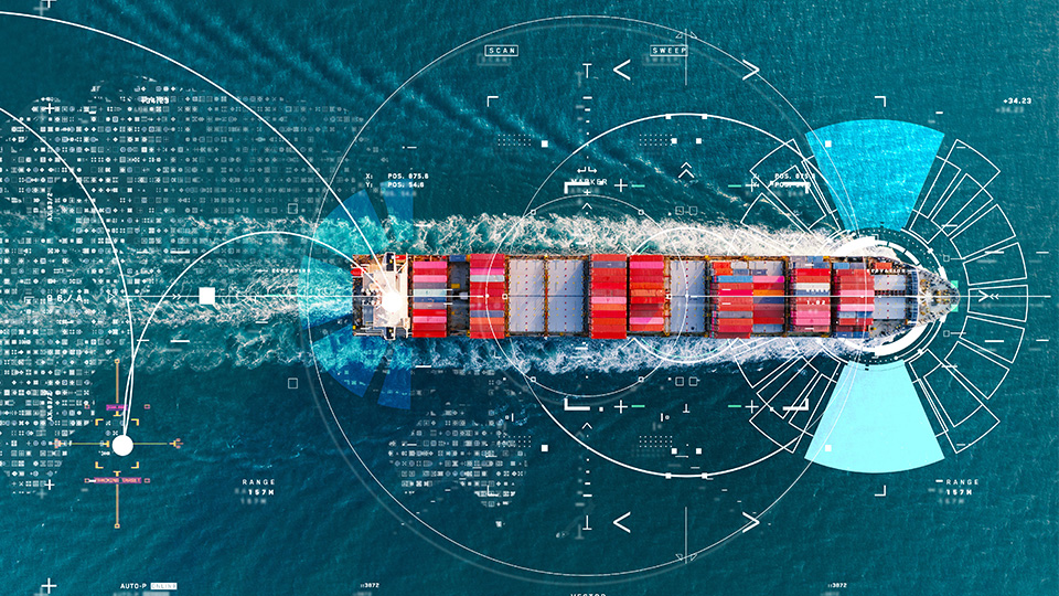 Aerial view of containership with lines & circles overlay suggesting digitalisation