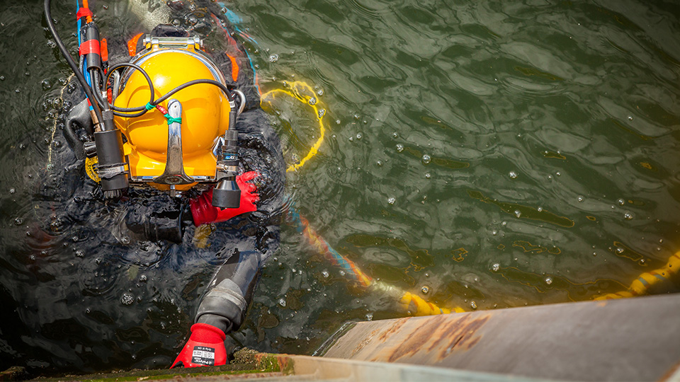 Top down view of a diver in full gear about to go under water.