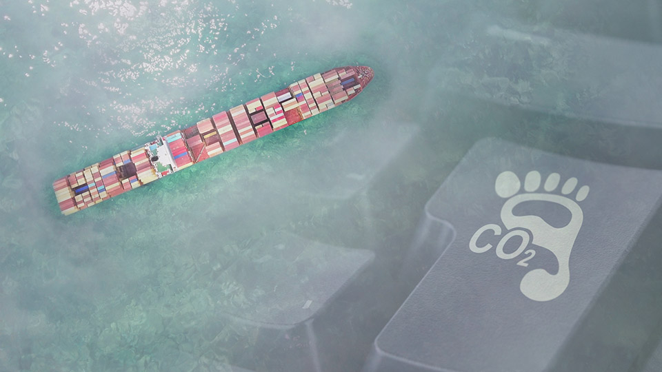Collage with aerial view of container ship in mist and a keyboard showing a C02 footprint icon