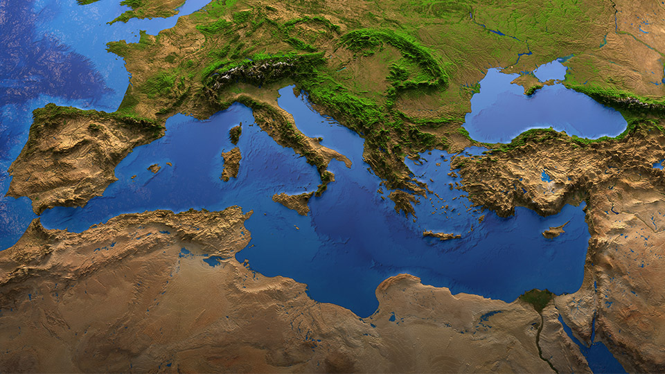 3D topographical render of Mediterranean & Black Seas and surrounding land