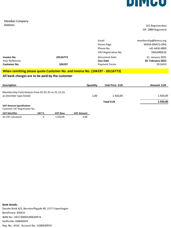 Sample BIMCO invoice