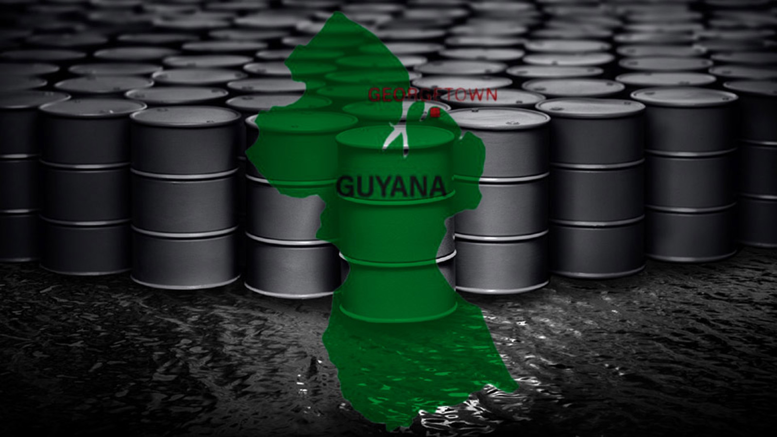 Oil barrels and a map of Guyana