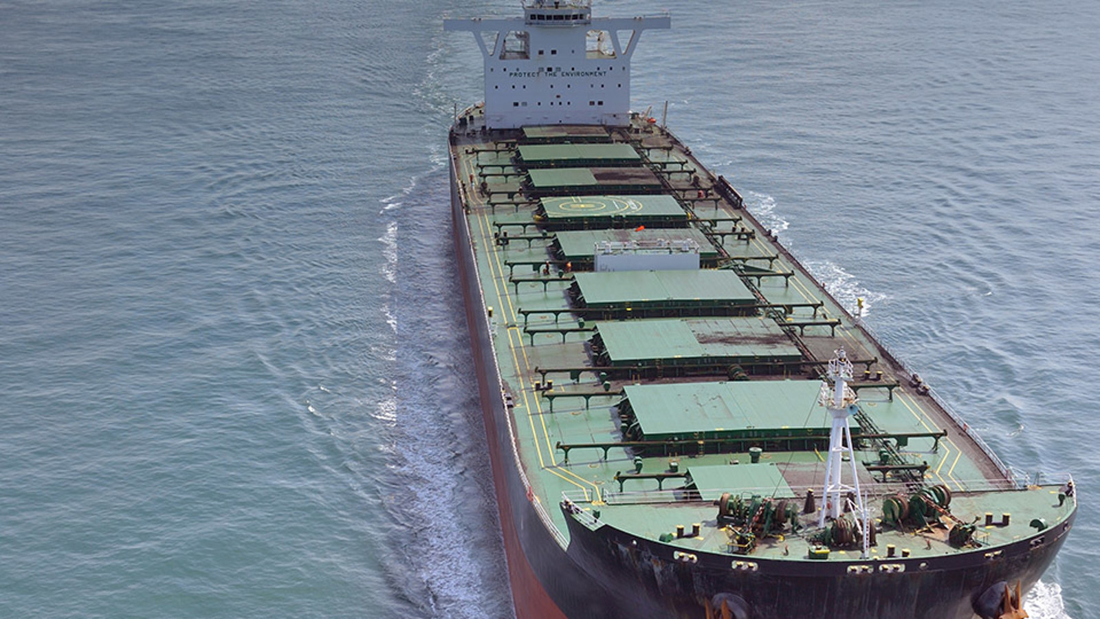 Aerial view from in front of a dry bulk carrier ship