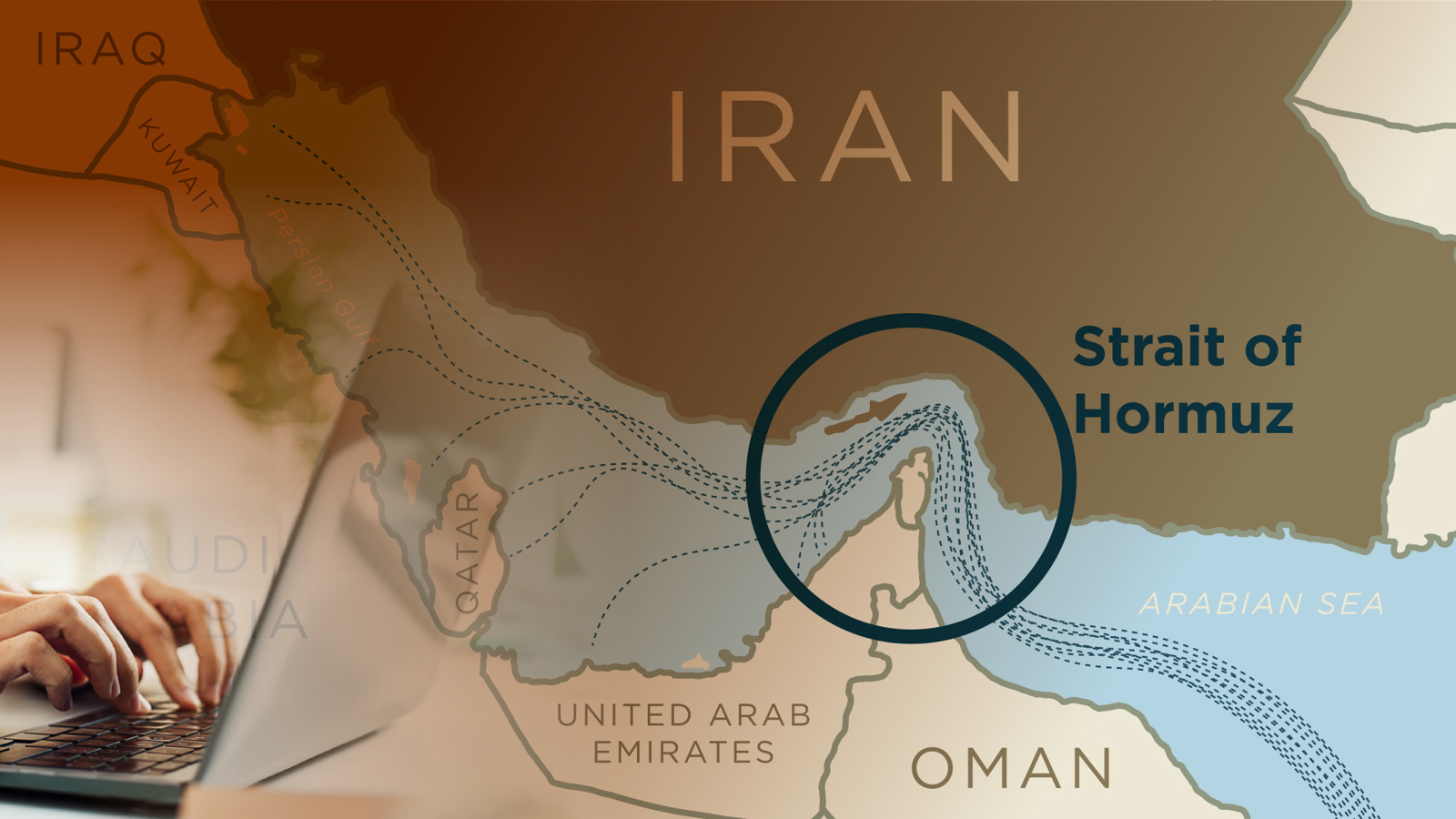 map showing the Strait of Hormuz; hands typing on laptop in lower left corner
