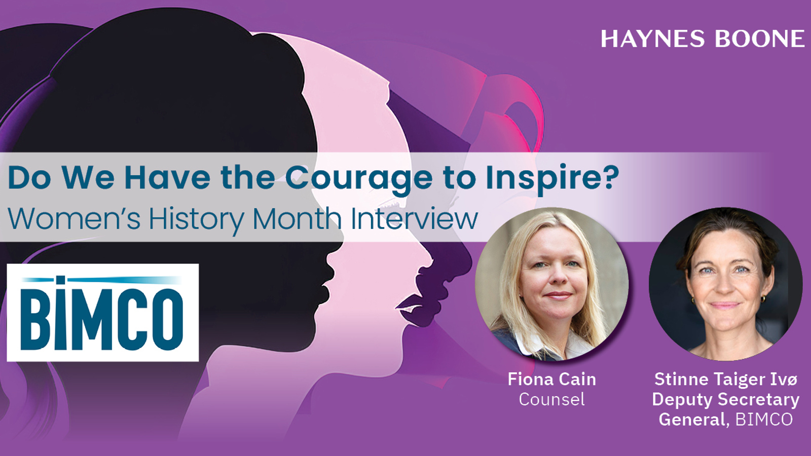 Image advertising an interview of BIMCO's Stinne Taiger Ivø by Haynes Boone's Fiona Cain
