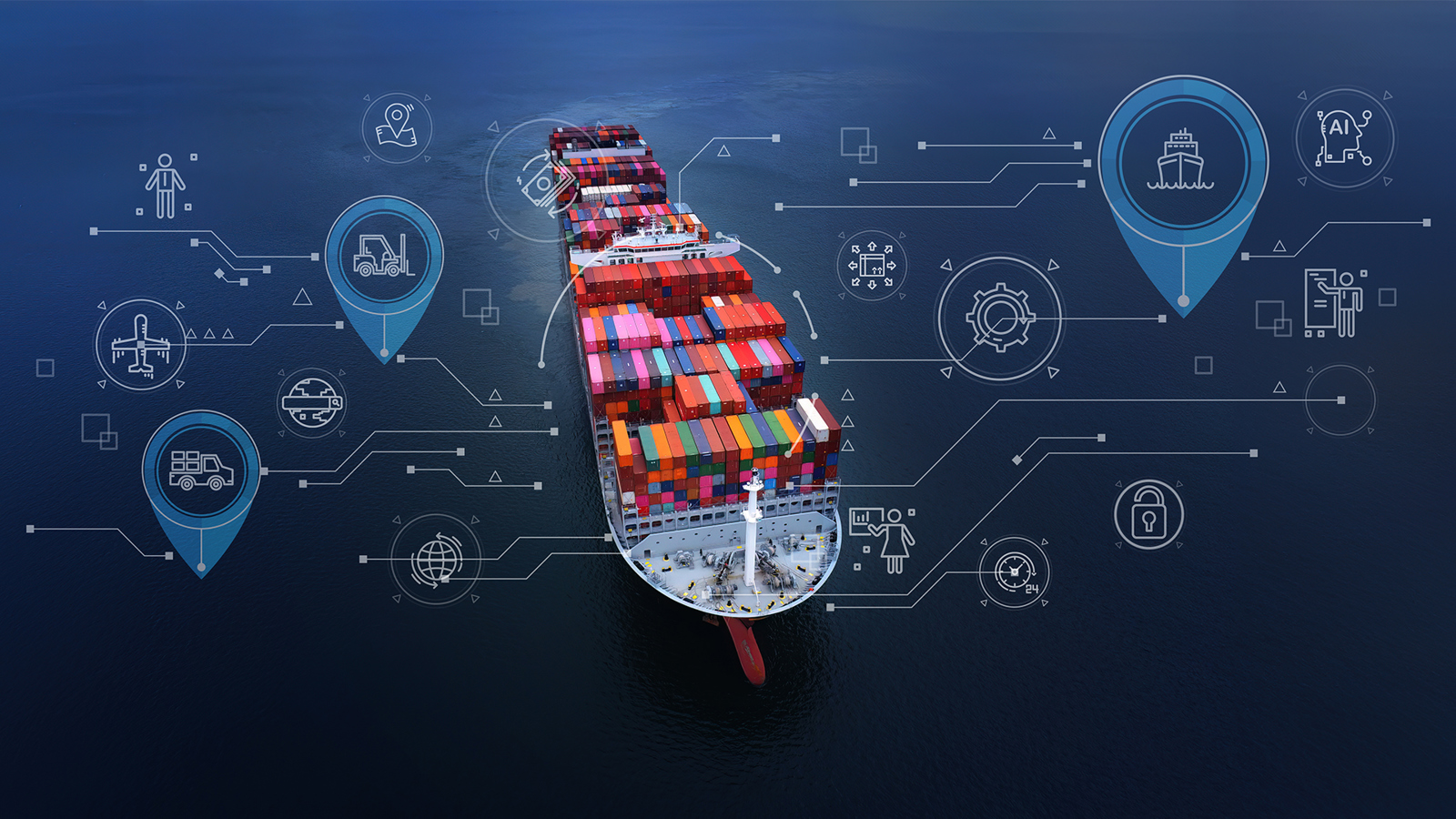 Container ship at sea, with icons representing digitalisation