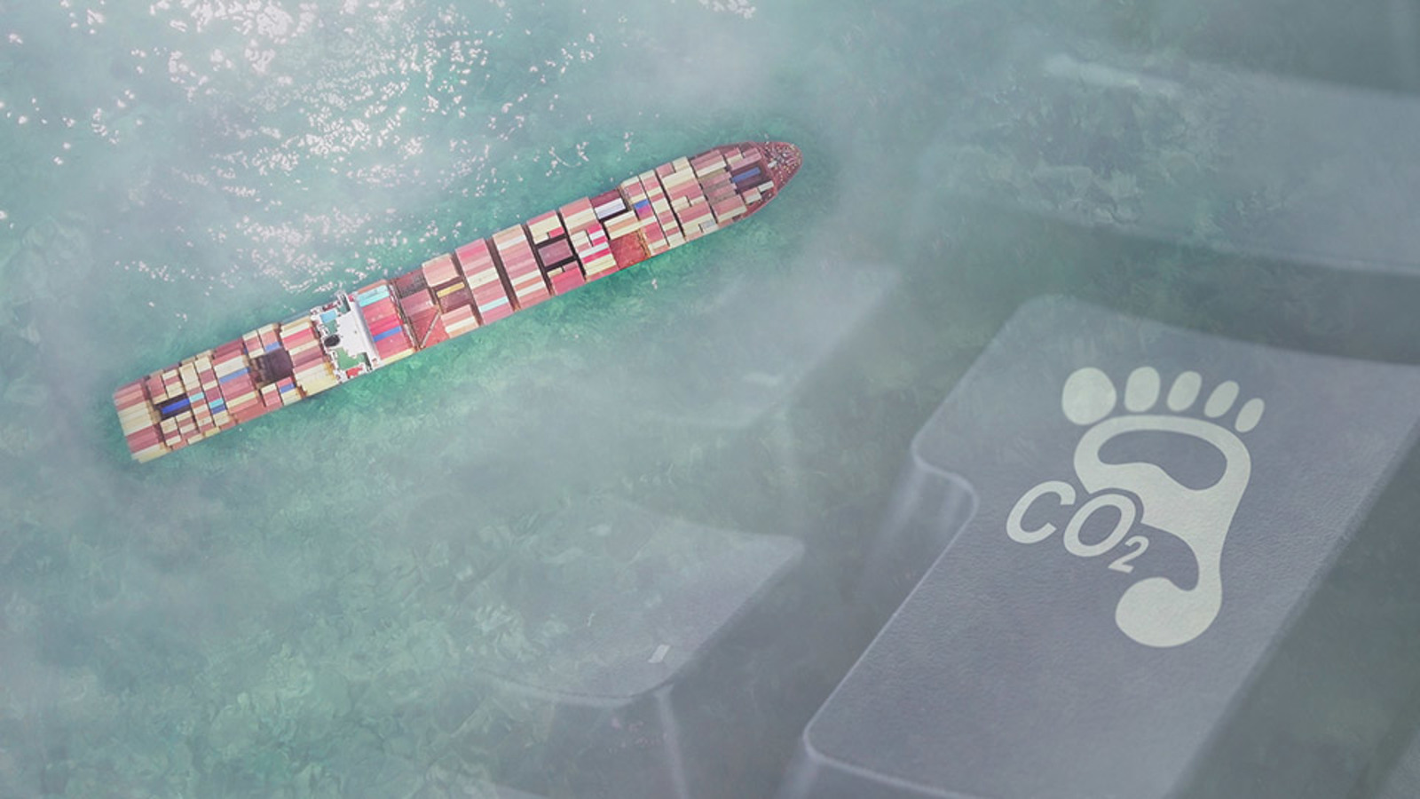 Collage with aerial view of container ship in mist and a keyboard showing a C02 footprint icon
