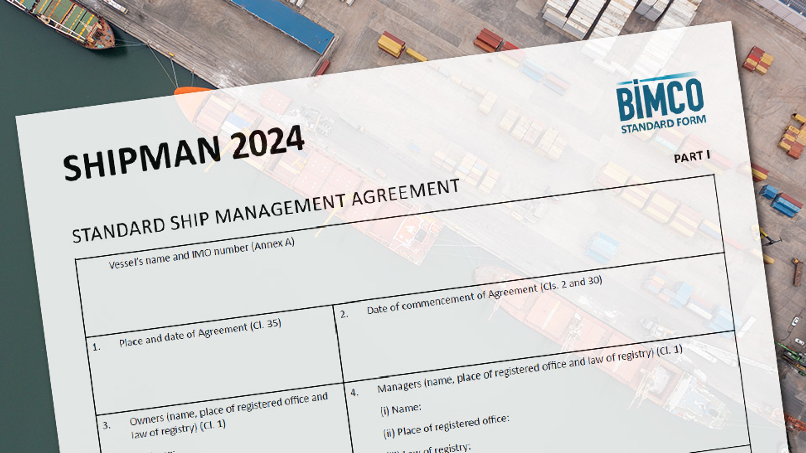 SHIPMAN 2024 contract superimposed over an aerial view image of ships at port

