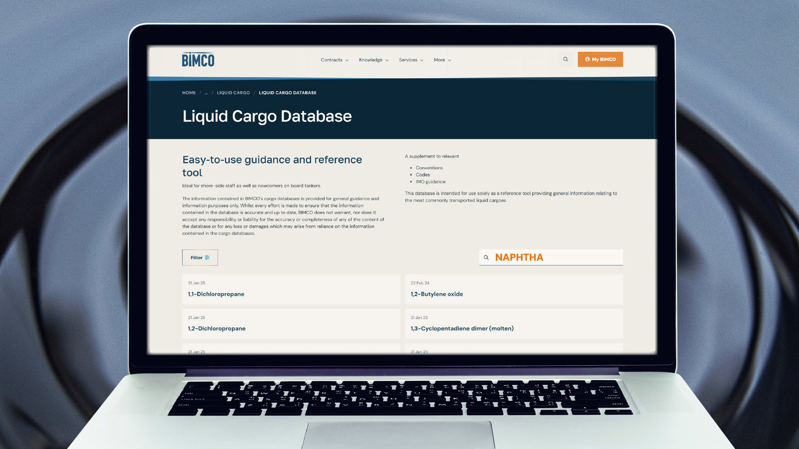Screenshot of BIMCO Liquid Cargo Database showing Naptha