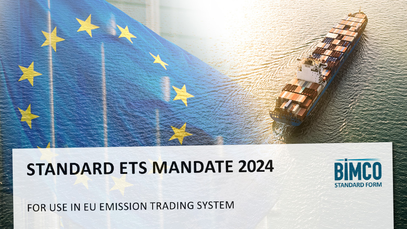 EU flag with a containership sailing onthe ocean and the words 