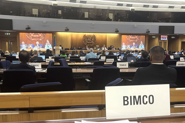 BIMCO sign on the desk at the International Maritime Organization in London