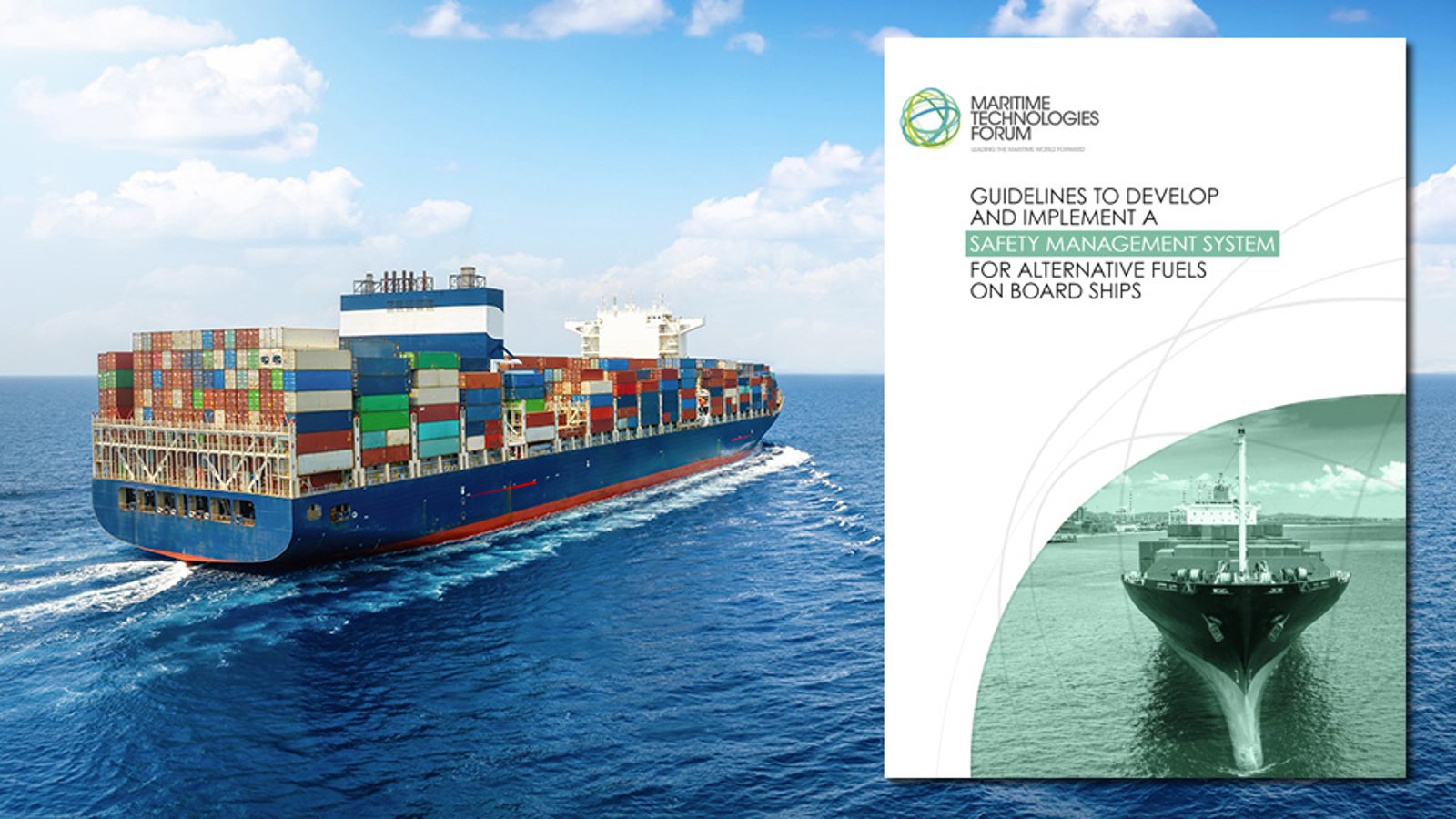 Container ship at sea sailing away from the camera, with overlaid image of front page of the guidelines in the article
