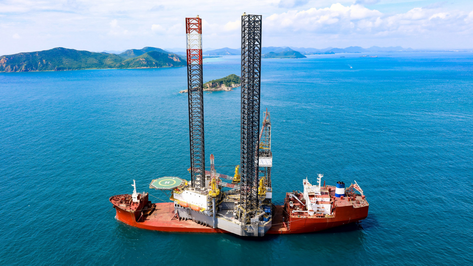 aerial view of red heavylift ship