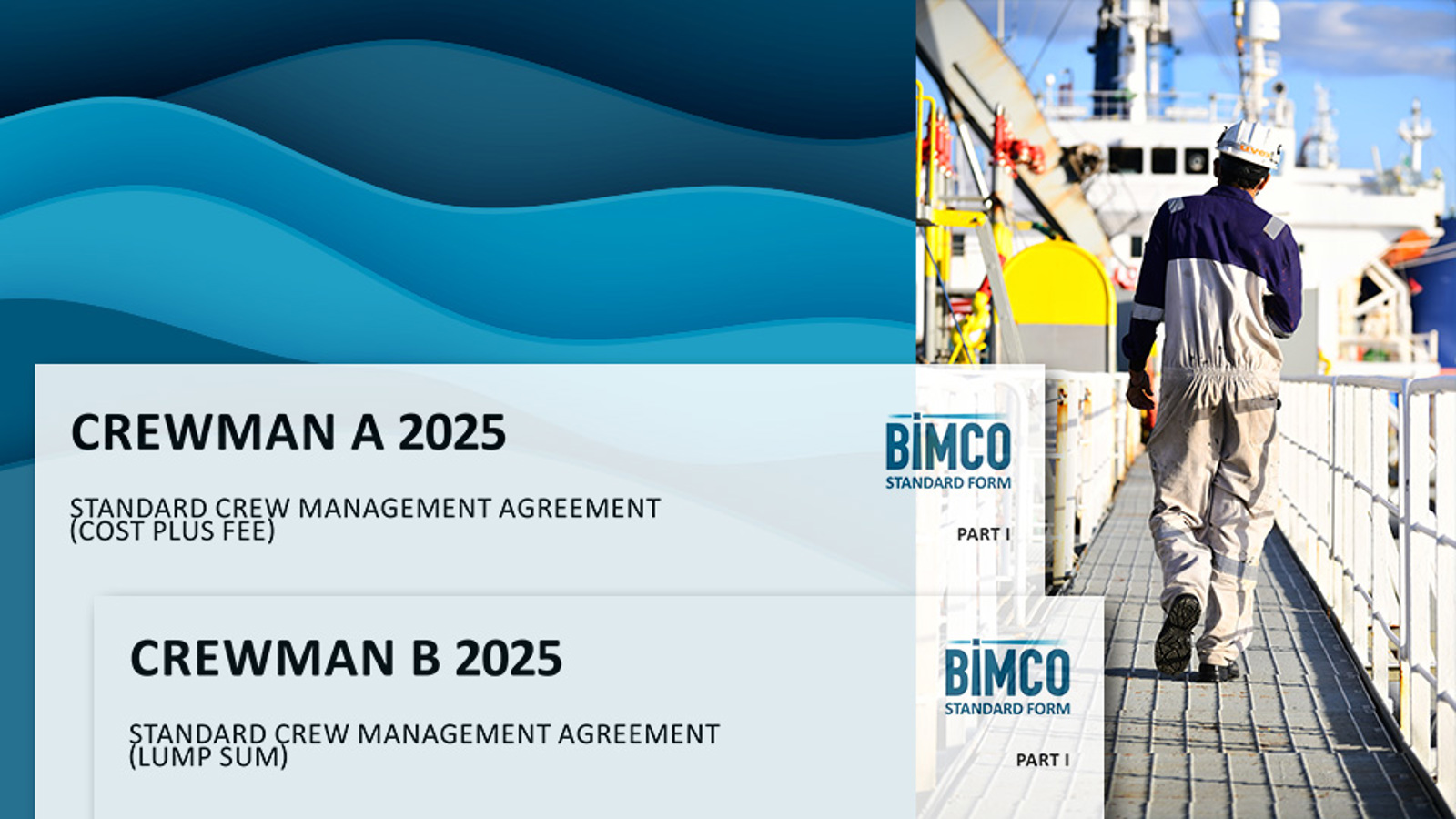 image of seafarer on board  a ship walking away from the camera, with a BIMCO CREWMAN contract shown
