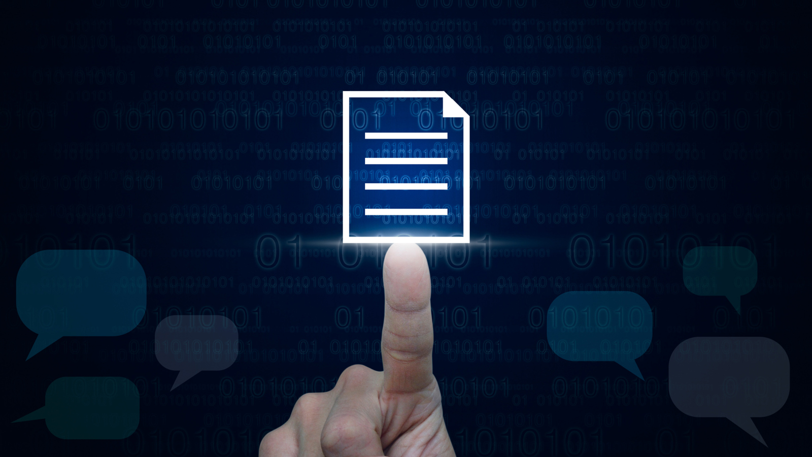 An index finger pressing a file icon on a transparent screen