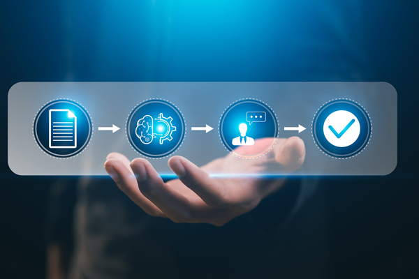 A hand holding icons representing AI work