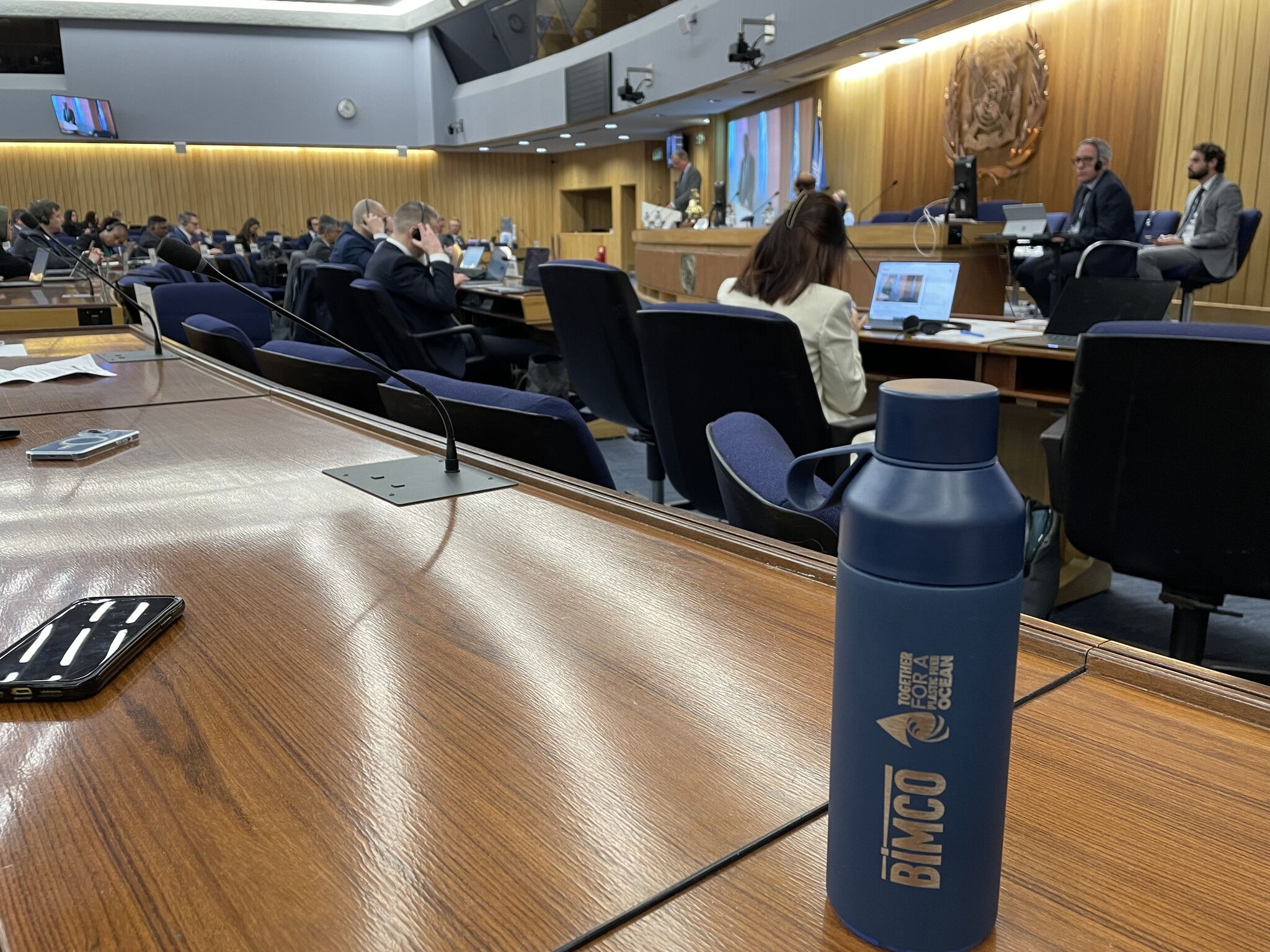 A BIMCO branded bottle on the desk at the International Maritime Organization in London