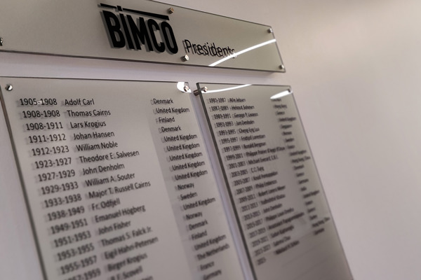 Plaque on wall of BIMCO House showing the list of presidents since foundation in 1905