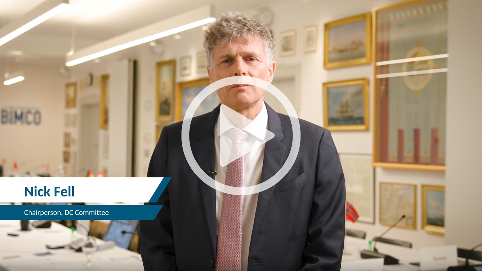 Nick Fell, Chairperson of the BIMCO Documentary Committee, standing in the Boad Room of BIMCO House, Copenhagen after a committee meeting
