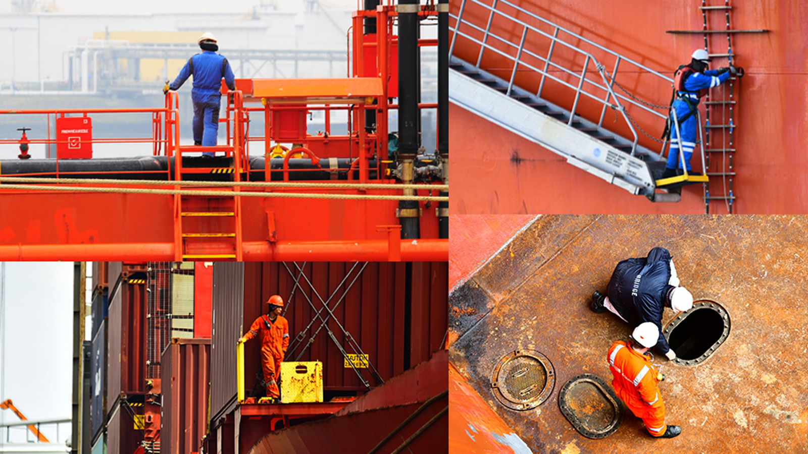 Collage of four images of seafarerson working on ships